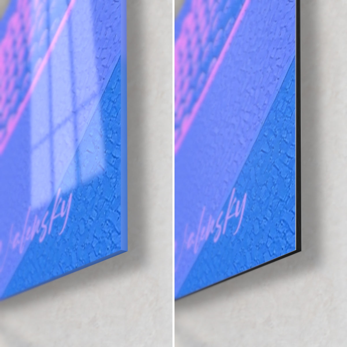 Tableau rouleau de maki rose fluo et bleu, coin bas droit : verre acrylique brillant à gauche, Dibond mat à droite, tranche de 3 mm