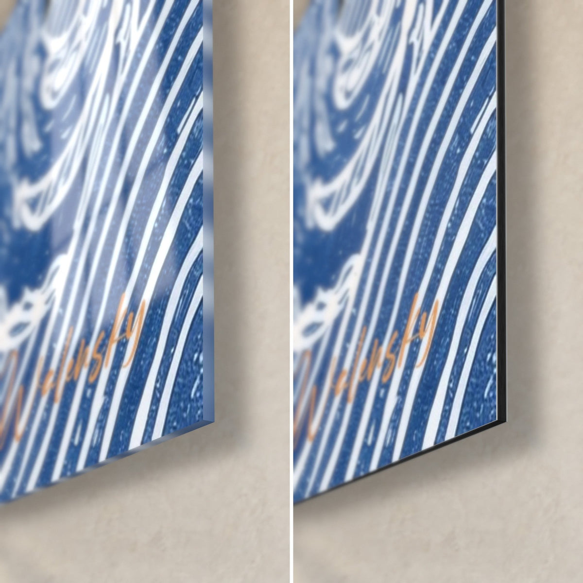 Wall art Sushi linocut in cobalt blue and orange, bottom right corner: glossy acrylic glass on the left, matte black Dibond on the right