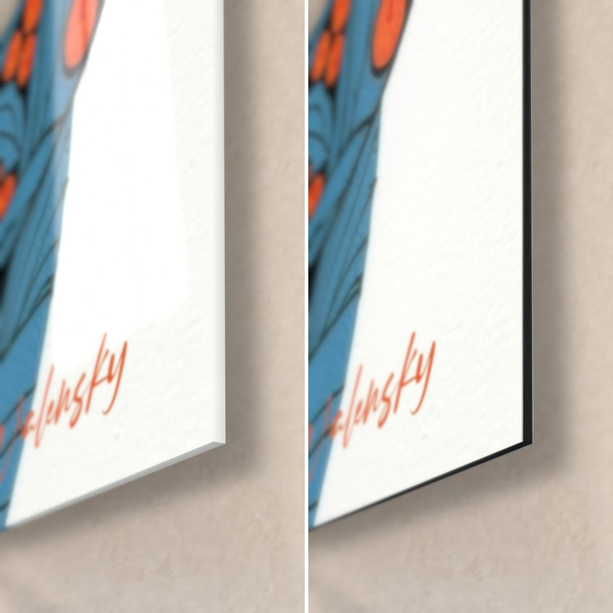Gemälde Nigiri-Festmahl in Orange und Blau, rote Signatur Walensky unten rechts, glänzendes Glas und mattes Dibond, 3 mm Stärke