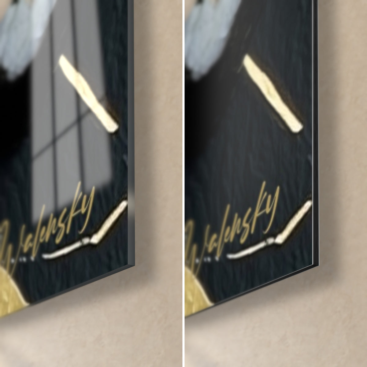 Tableau nigiris sur fond noir et or, coin bas droit : verre acrylique brillant à gauche, alu Dibond mat à droite, signature dorée