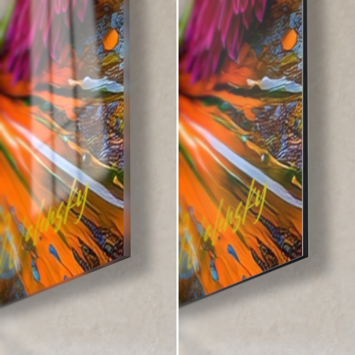 Quadro sushi roll in un'esplosione di vernice arancio e fucsia, angolo in basso a destra: vetro acrilico lucido a sinistra, alluminio Dibond opaco a destra, spessore 3 mm