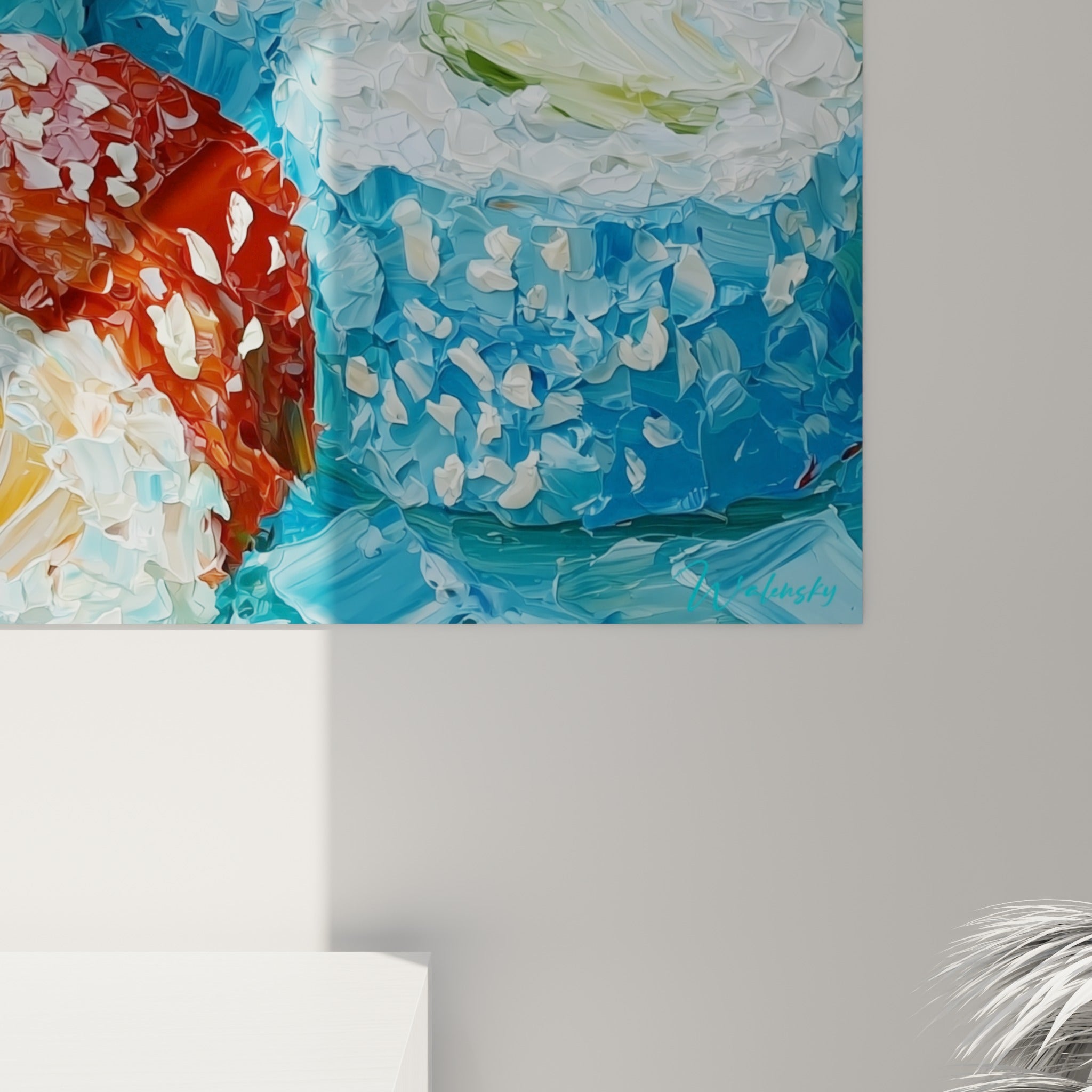Empâtements épais de peinture blanche et terracotta révélant le grain du riz sur ce tableau maki
