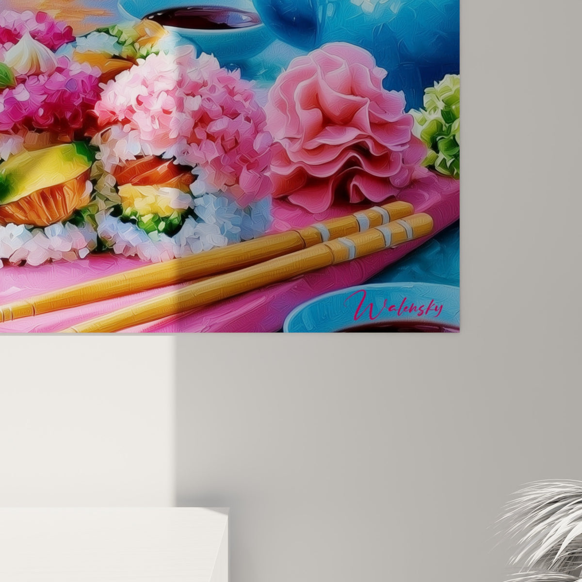 Empâtements de peinture révélant les textures de riz et de saumon aux teintes roses et orangées