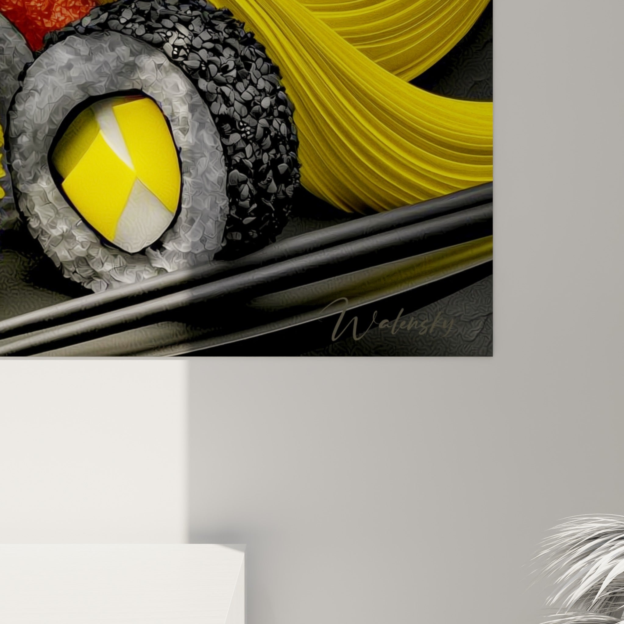 Grain sculpté des vagues jaunes et noires, empâtements visibles autour des makis rouges et gris