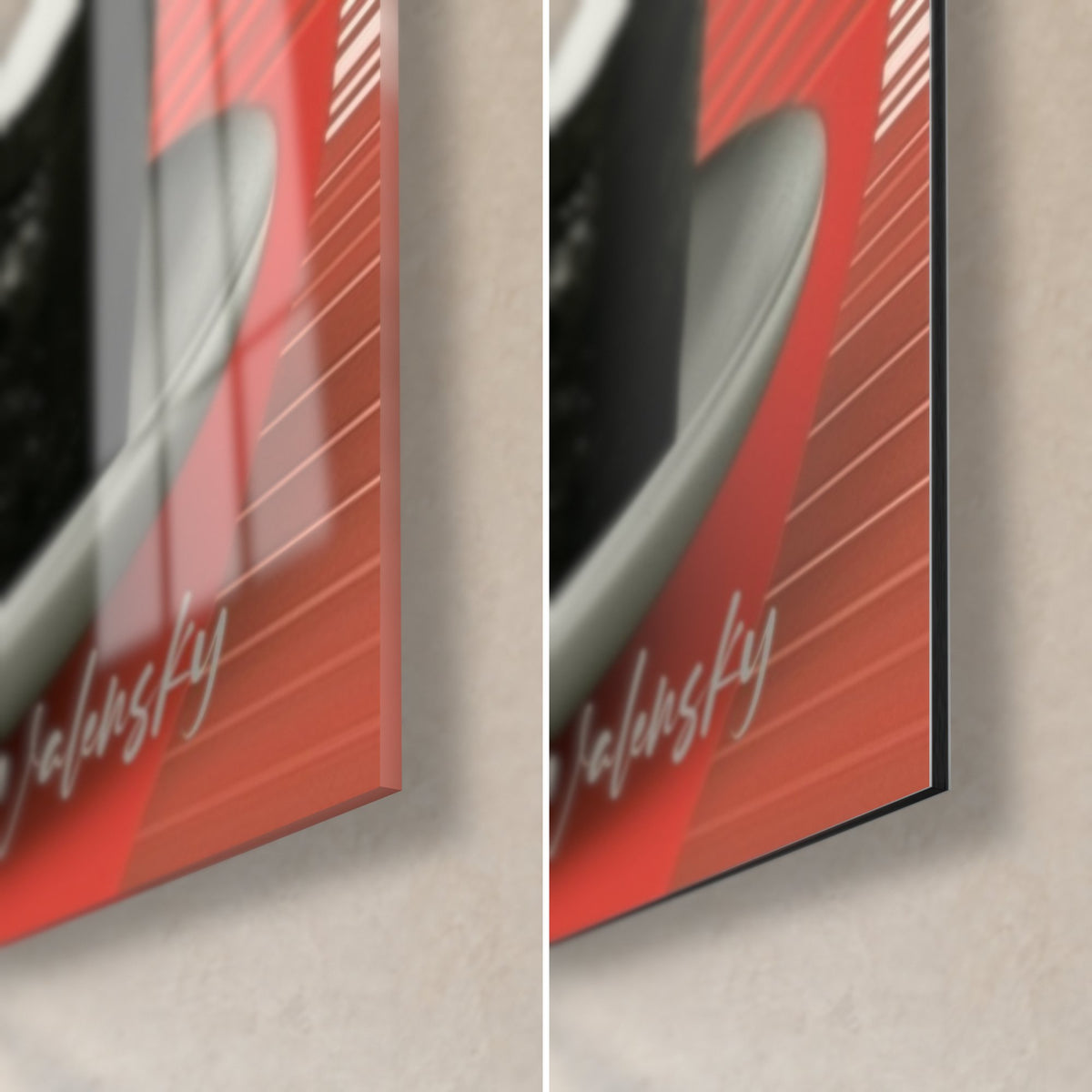 Schilderij nigiri in rood en zwart, rechtsonder hoek in glanzend acrylglas links en mat Dibond-aluminium rechts, 3 mm dik