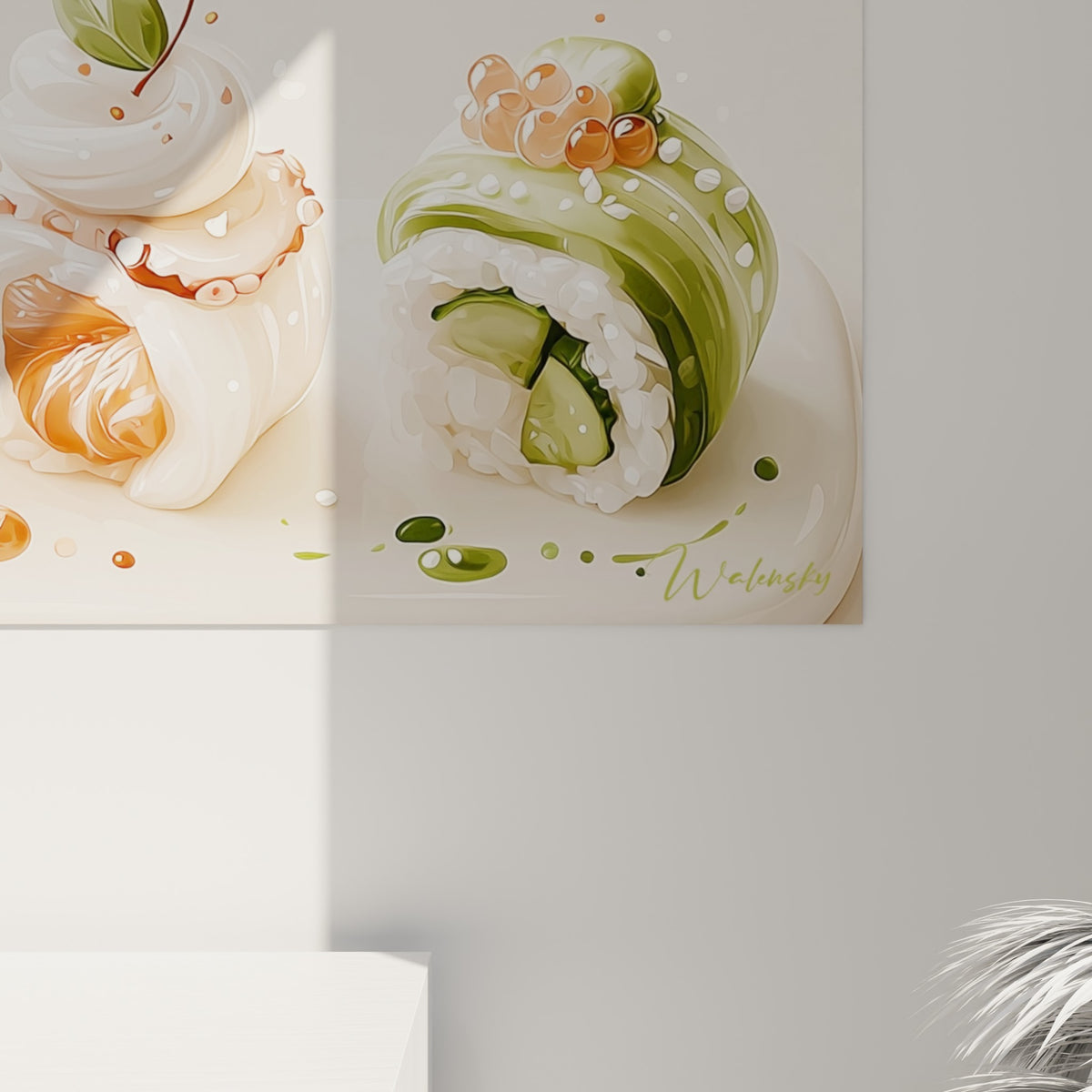 Grain du riz et coulures de sauce visibles en gros plan sur ce tableau sushi pêche et vert