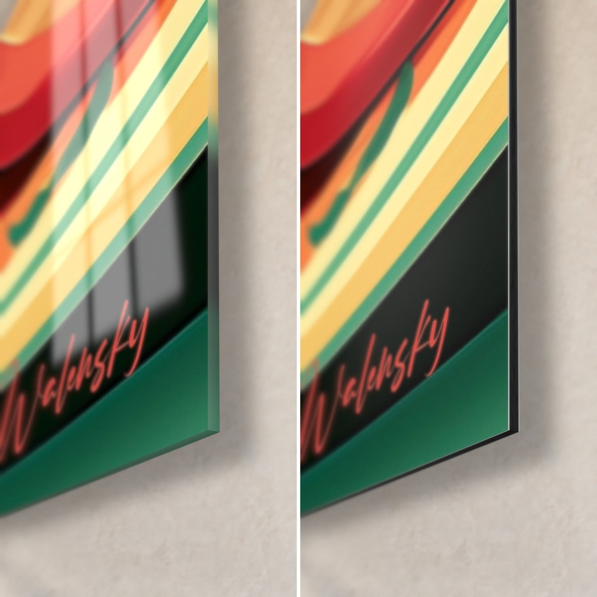 Wall art orange and green salmon sushi, bottom right corner: glossy acrylic glass on the left, matt Dibond on the right, 3 mm thickness, red Walensky signature