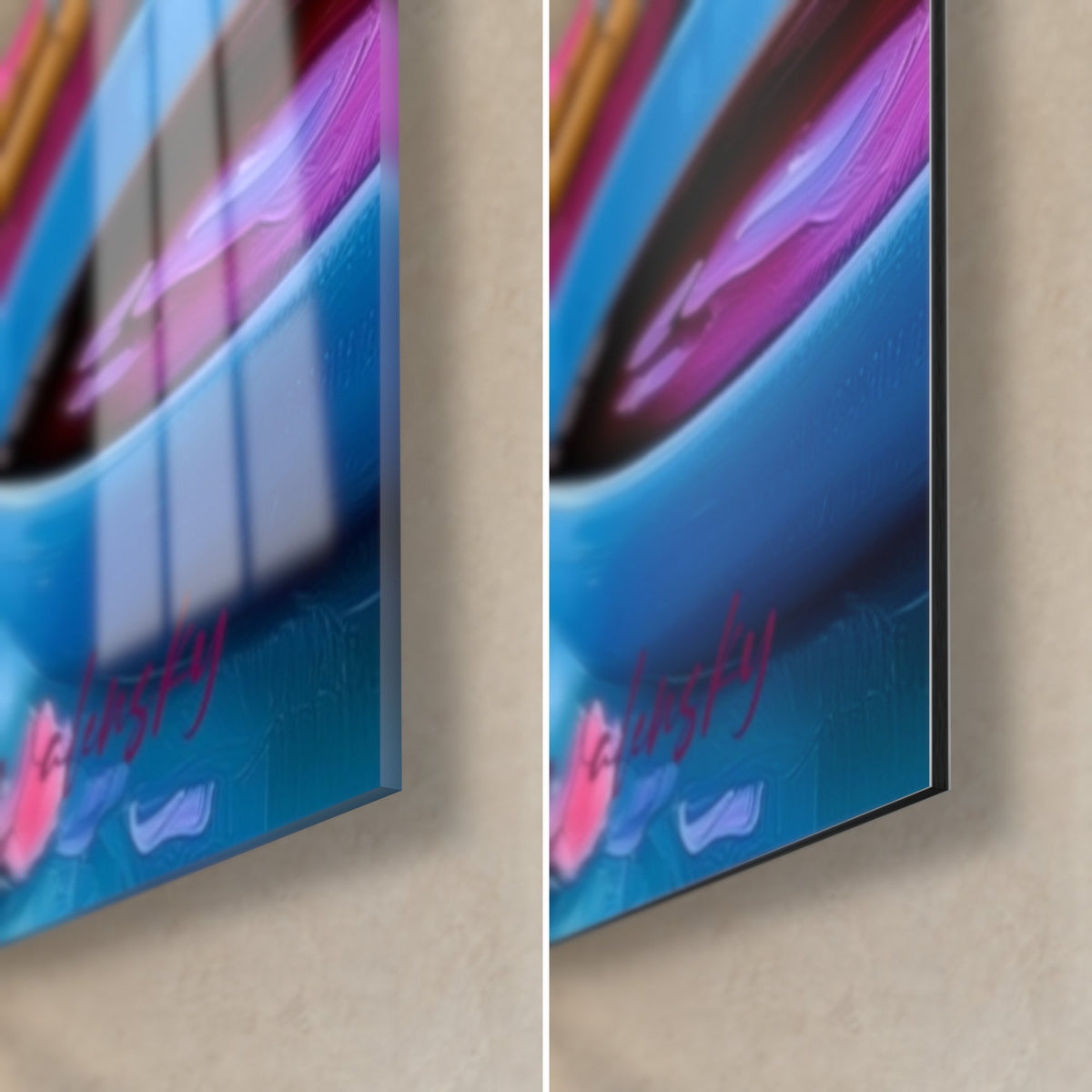 Quadro di assortimento di sushi colorato, angolo in basso a destra: vetro lucido a sinistra, Dibond nero opaco a destra, spessore 3 mm