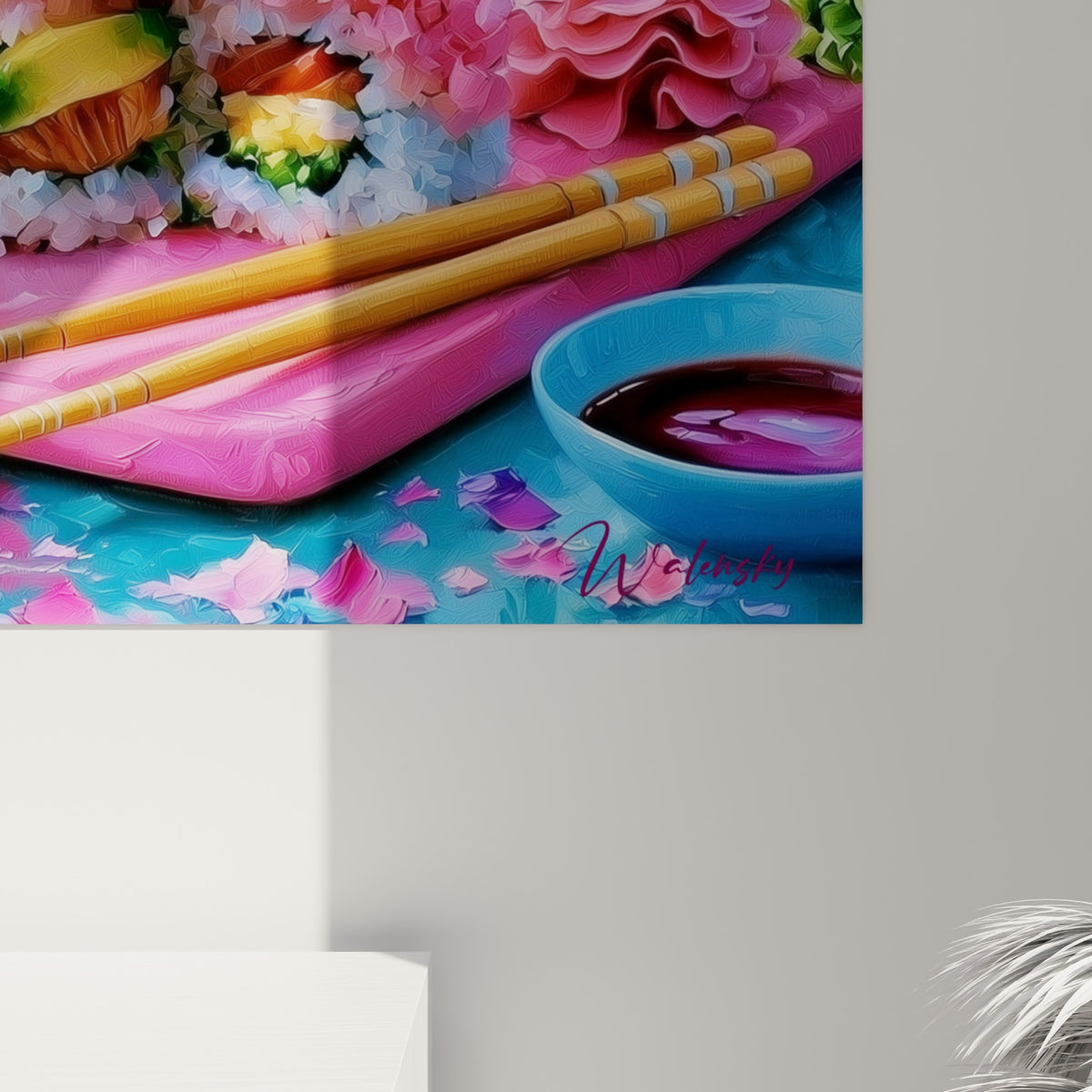 Empâtements roses et turquoise détaillant le riz, les pétales et les coulures de peinture épaisse