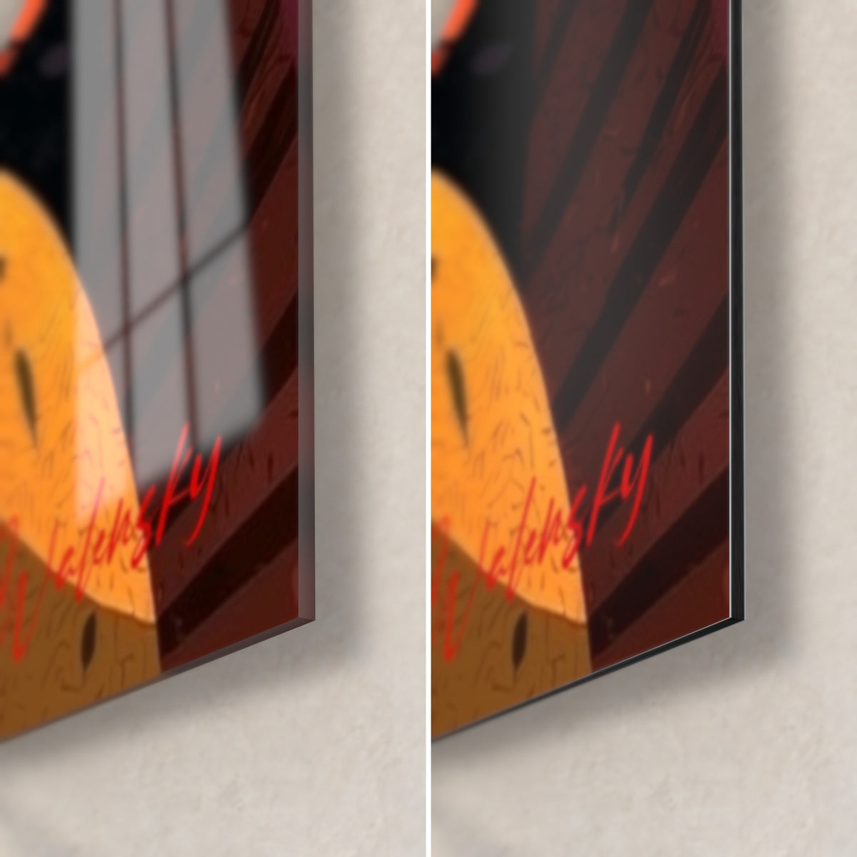 Gemälde stilisiertes Sushi, Ecke unten rechts: glänzendes Acrylglas mit Reflexen links, mattes Dibond-Aluminium rechts, 3 mm Stärke, Orange und Braun