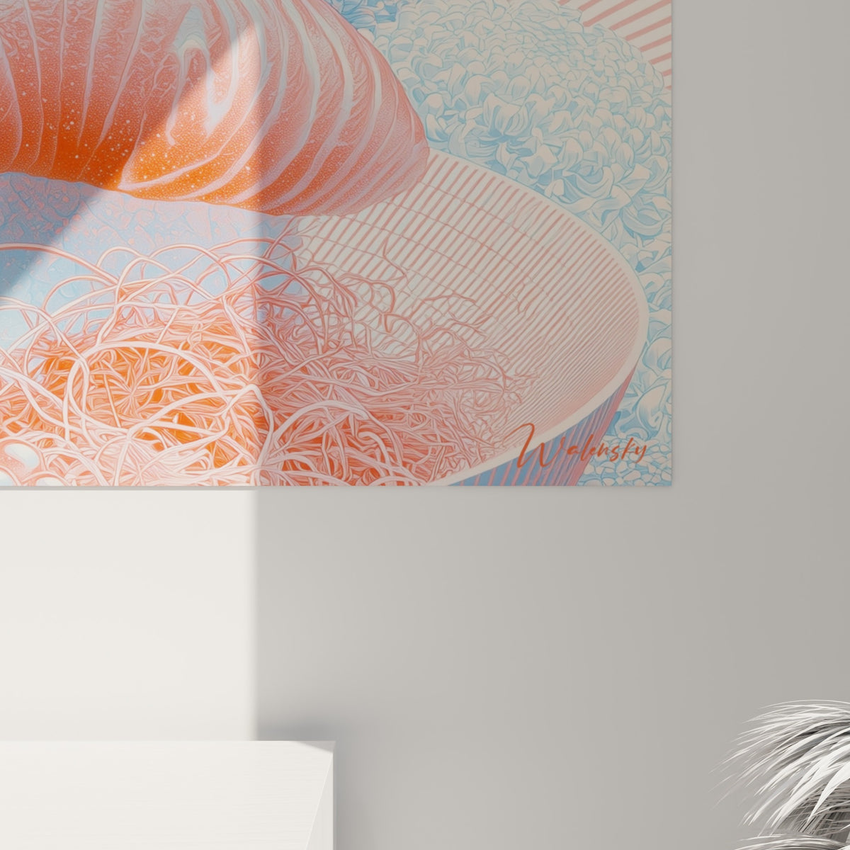 Traits fins et hachures serrées révèlent la texture striée du saumon corail et les nuances bleu pastel de l'iris