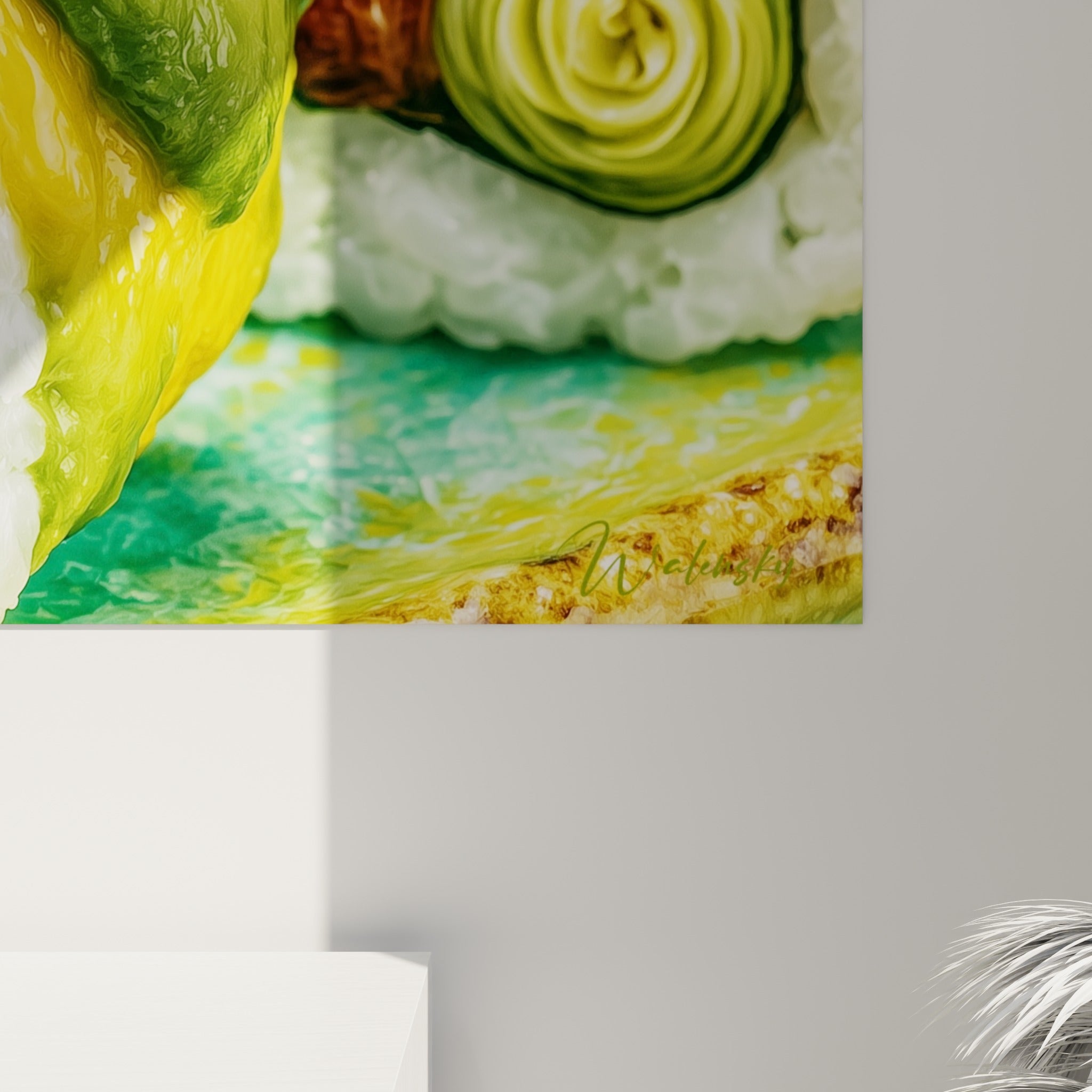 Empâtements du wasabi doré et grain du riz blanc visibles de près, coulures vertes et orangées sur la toile