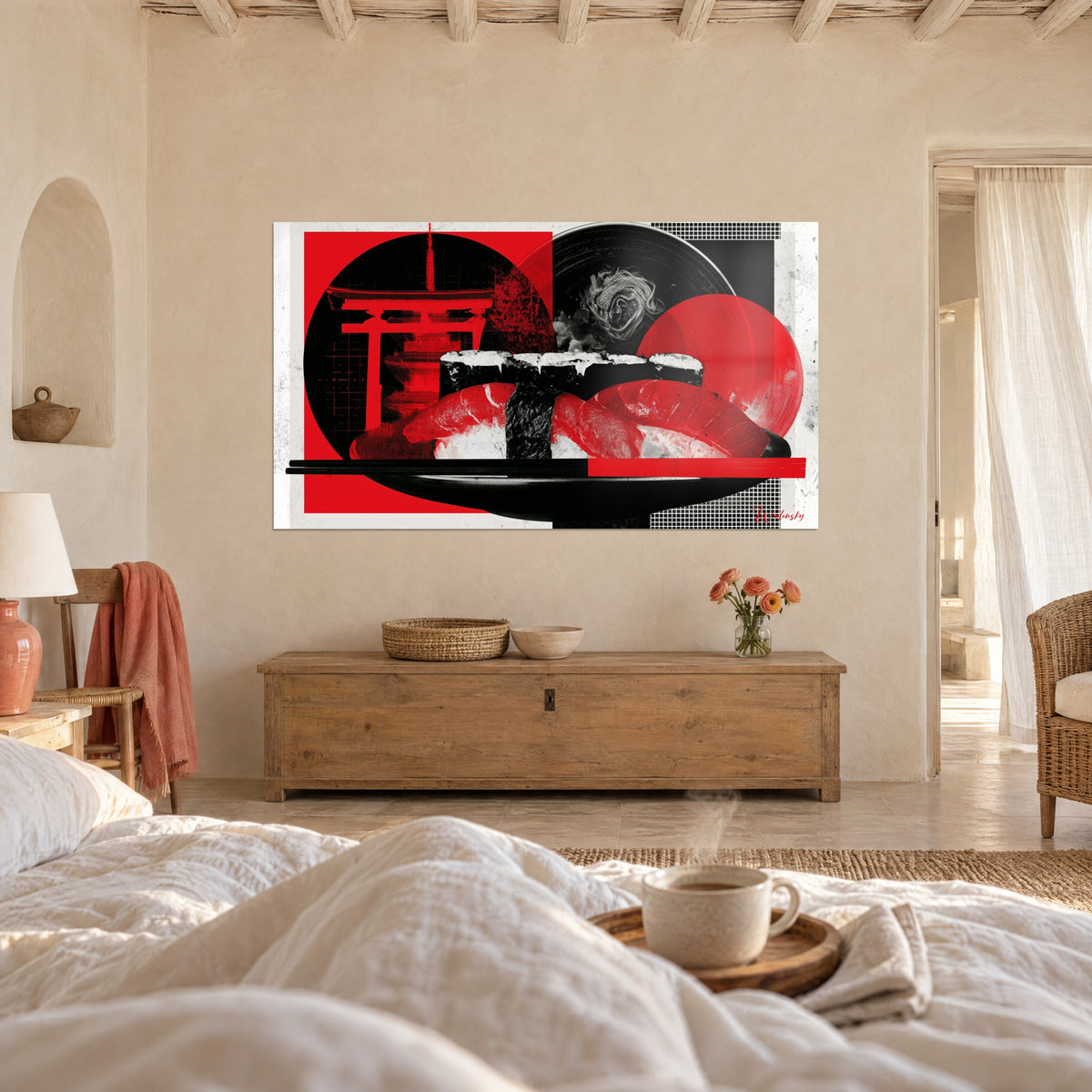 Gemälde Thunfischscheiben in Scharlachrot auf schwarzem Teller, rotes japanisches Torii und ergraute Nudeln, über einem Bett in einem hellen Schlafzimmer