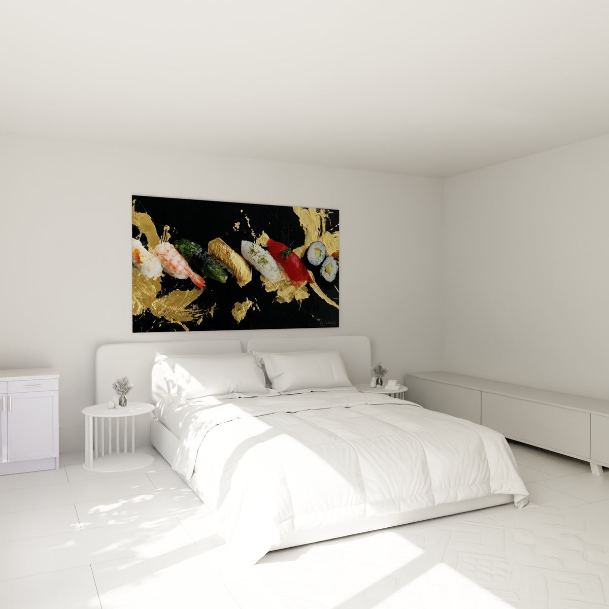 Nigiri crevette et thon rouge sur fond noir doré accroché au-dessus d'un lit dans une chambre claire