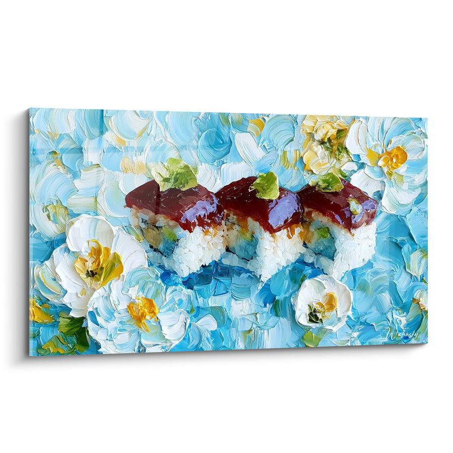 Tableau Sushi rouge et bleu parmi les fleurs - Éveil des saveurs - Edition Sushi