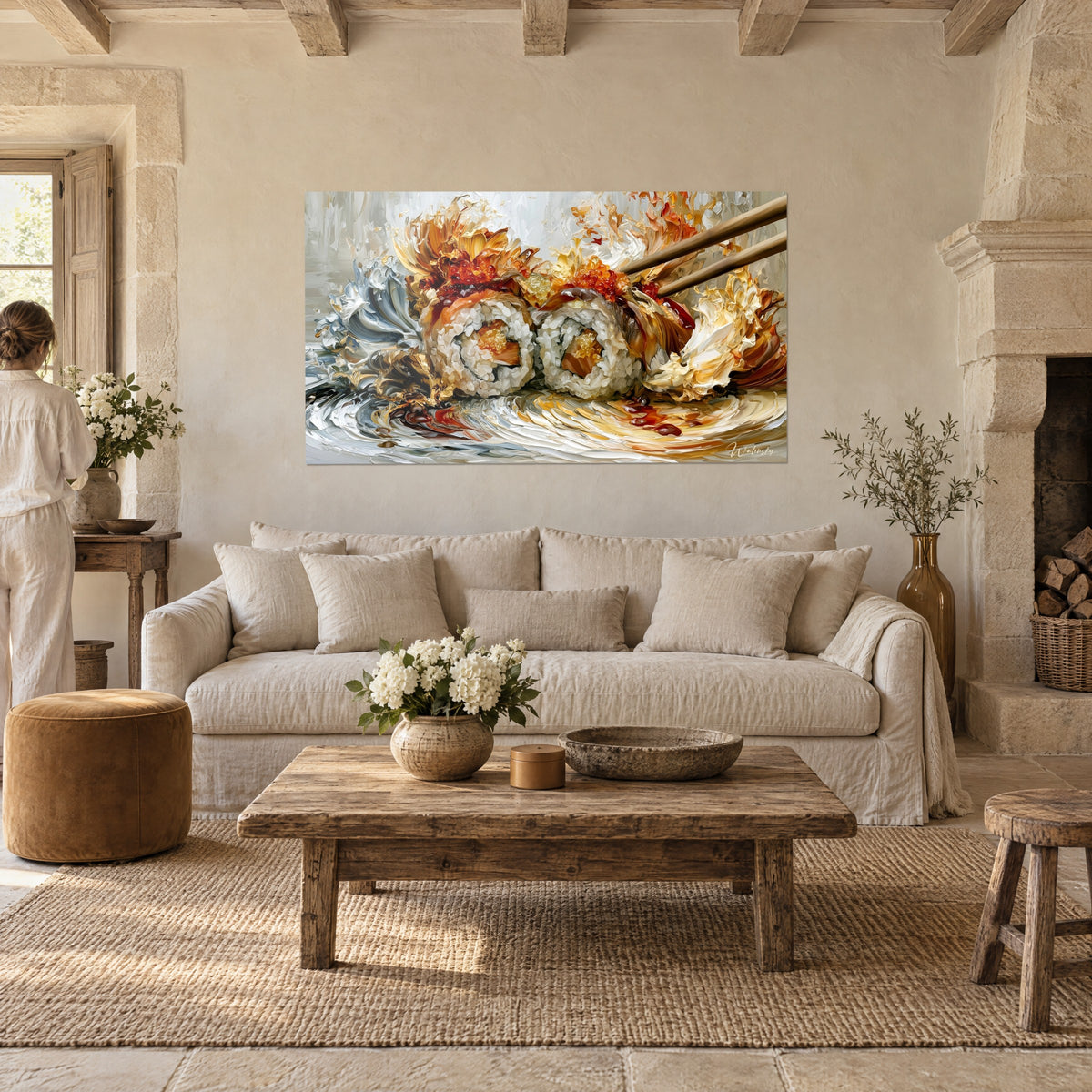 Tableau maki saumon et œufs orangés, empâtements blancs et dorés, accroché au-dessus d'un canapé dans un salon lumineux