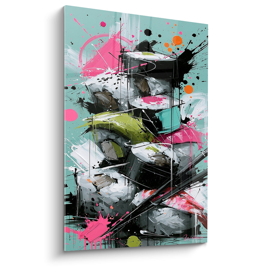 Tableau Sushis empilés blanc et noir sur fond turquoise - Baguettes croisées obliques - Edition Sushi