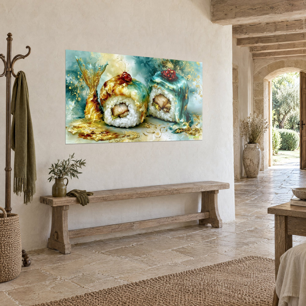 Tableau makis au riz blanc surmontés de perles de caviar rubis, glaçage ocre doré et bleu canard, vue de trois-quarts sur mur crème