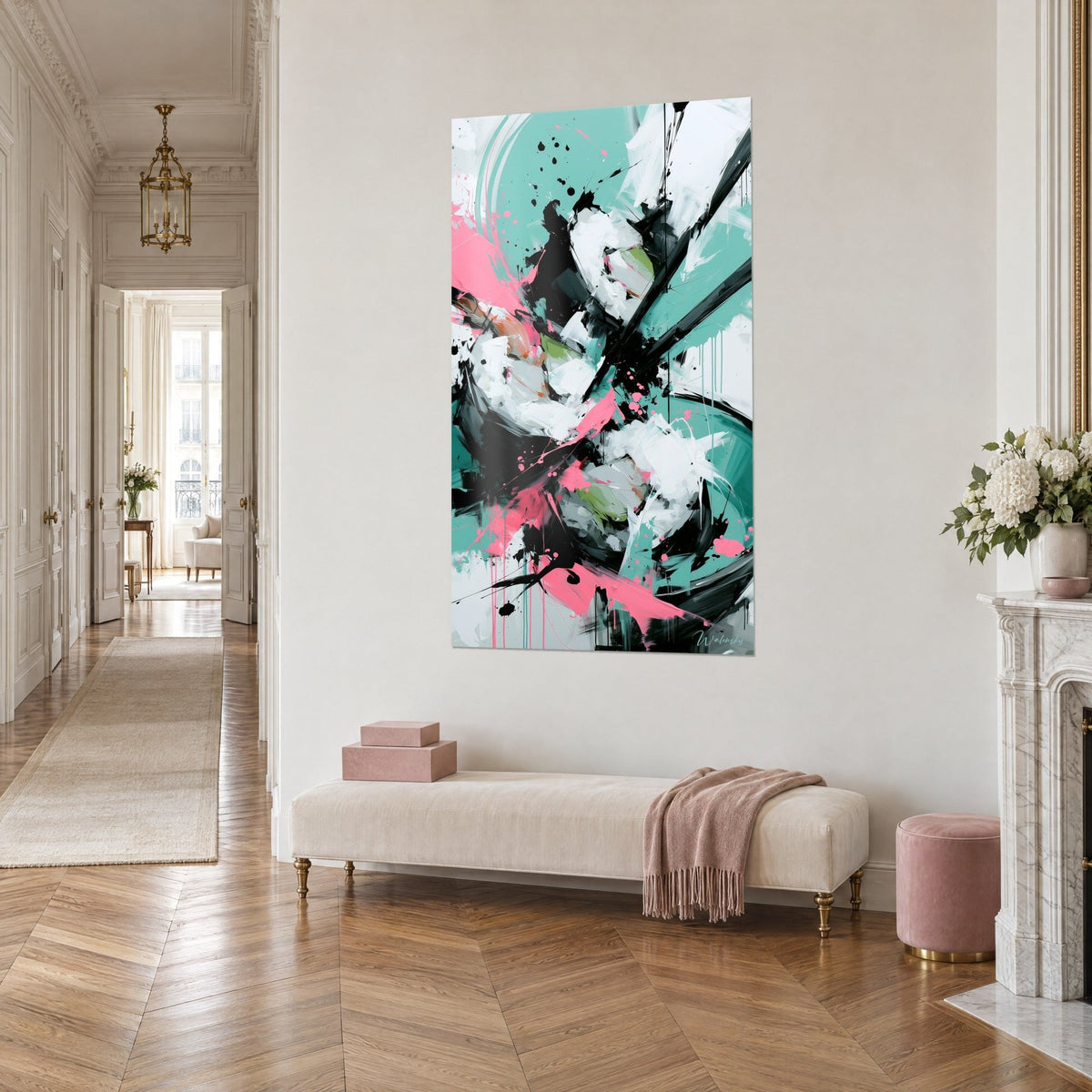 Wall art stylised sushi rolls in white and green streaks, pink drips, three-quarter view in a Haussmann-style hallway