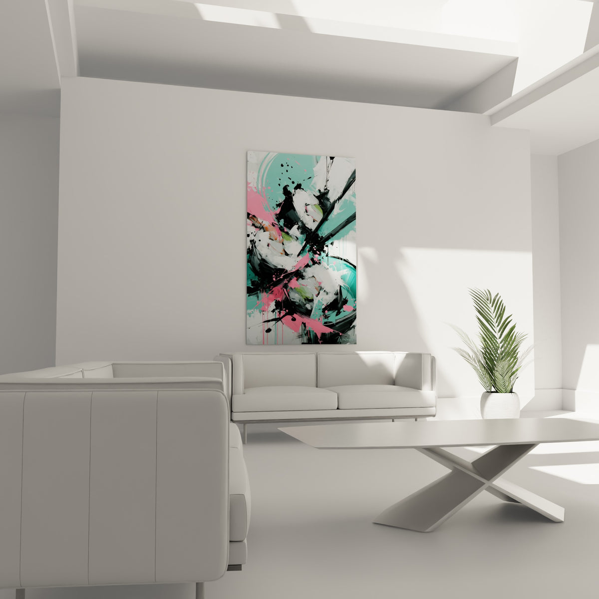 Composition sushi turquoise et rose fuchsia aux traits noirs dynamiques, au-dessus d'un canapé dans un salon lumineux