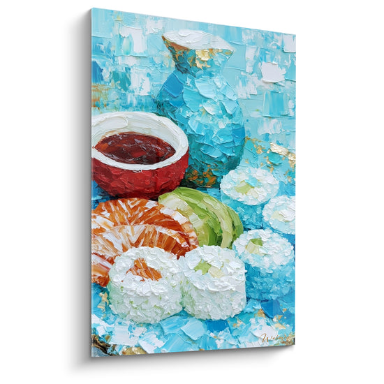 Tableau Sushi roll blanc et turquoise près d'une carafe - Bol de sauce soja - Edition Sushi