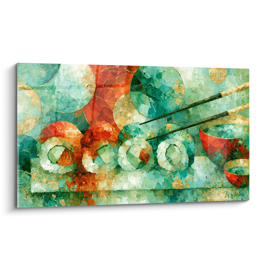 Tableau Sushi roll turquoise et corail aux bols laqués - Baguettes croisées noires - Edition Sushi