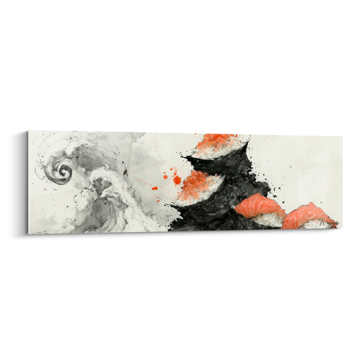 Sushis noirs empilés aux touches orangées près d'une vague grise en volutes délicates