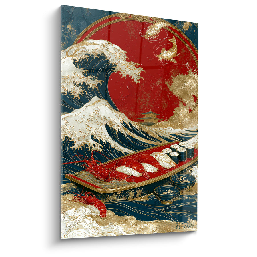 Tableau Vague japonaise bleu marine et doré au sushi - Offrande de la mer - Edition Sushi
