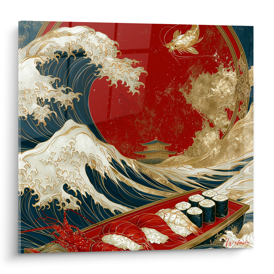 Japanische Welle blau-marine und golden mit Sushi - Schaum und Legende - Sushi Edition