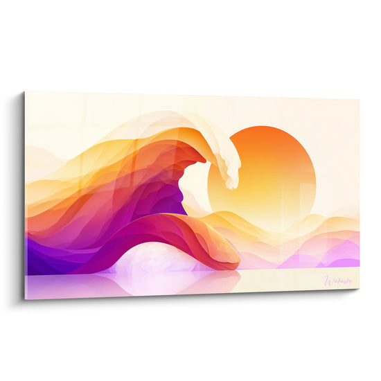 Vague sushi violette et orangée enroulée face à un soleil, style graphique moderne