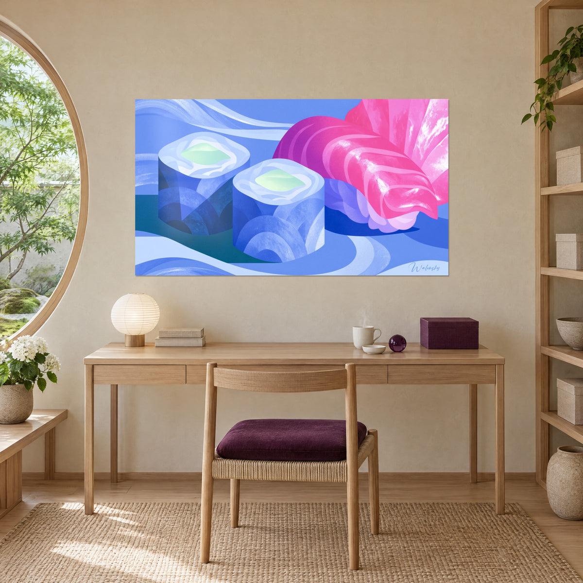 Schilderij van vinca-blauwe golven die zich om maki met groene roomvulling en een roze nigiri kronkelen, boven een bureau van licht hout