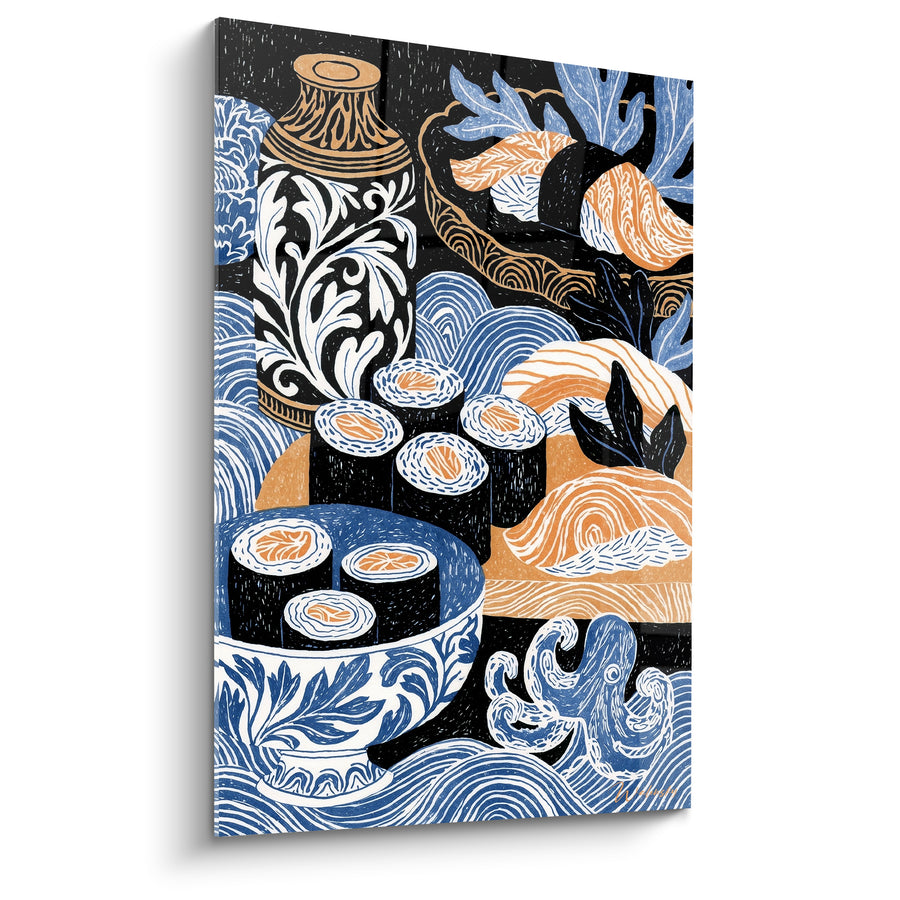 Tableau Vase bleu et blanc à motifs floraux - Pieuvre stylisée en vagues - Edition Sushi