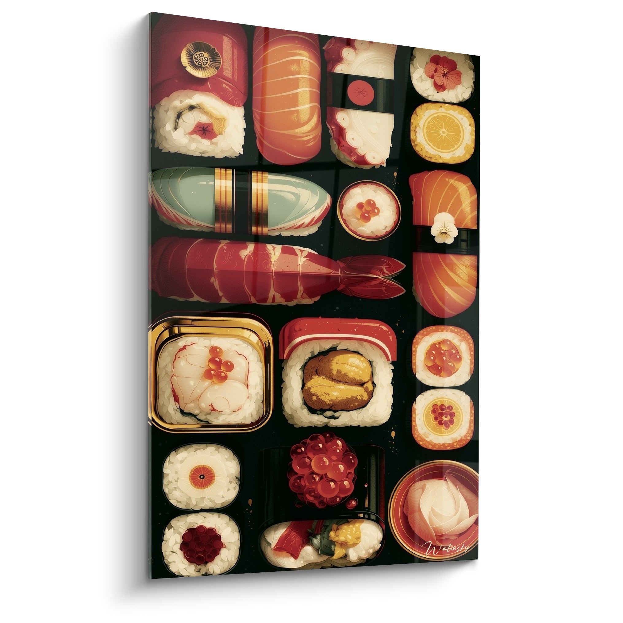 Plateau de sushis vermillon et dorés en damier sur fond noir profond, style illustration gourmande