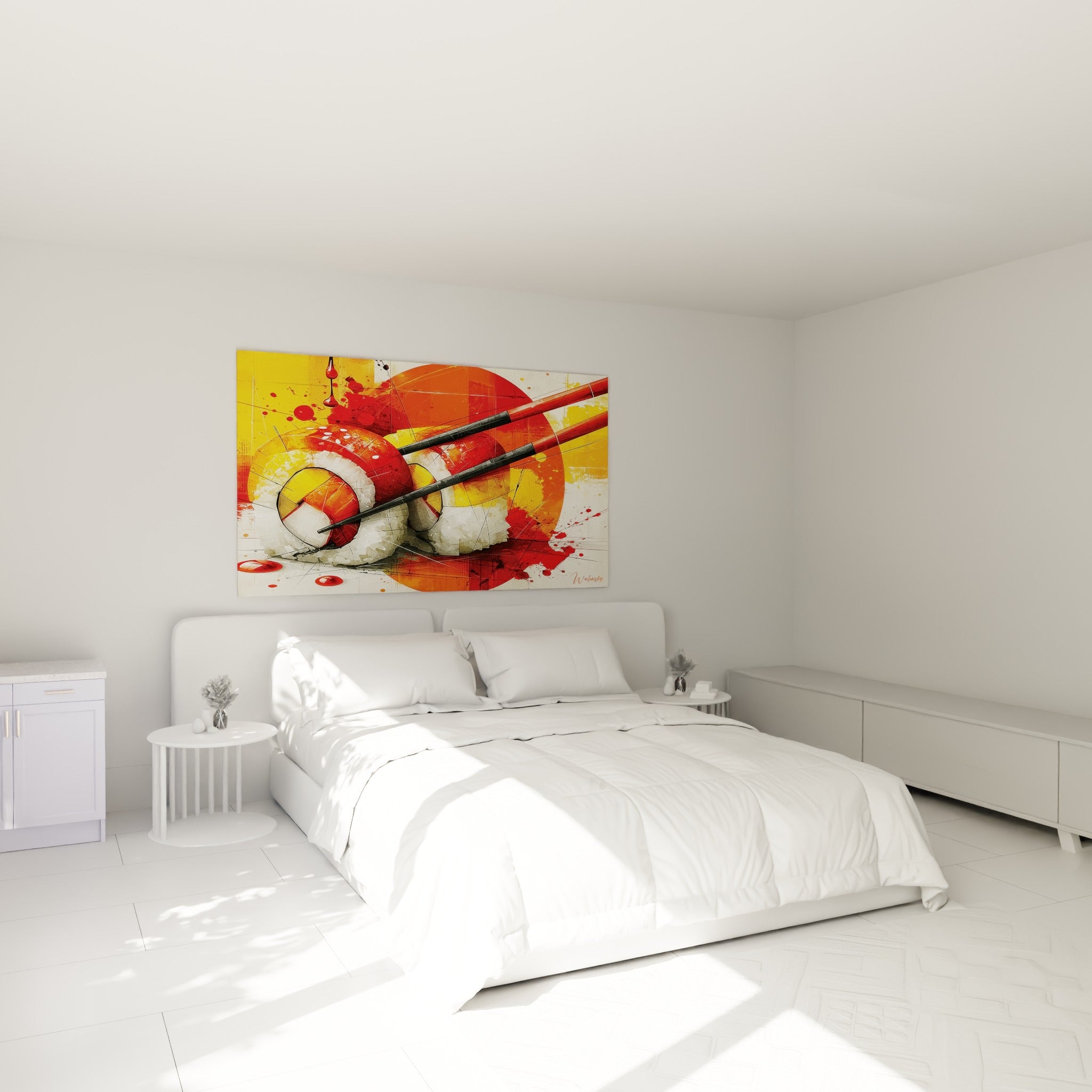 Composition de sushi rouge vermillon et jaune safran accrochée au-dessus d'un lit dans une chambre claire