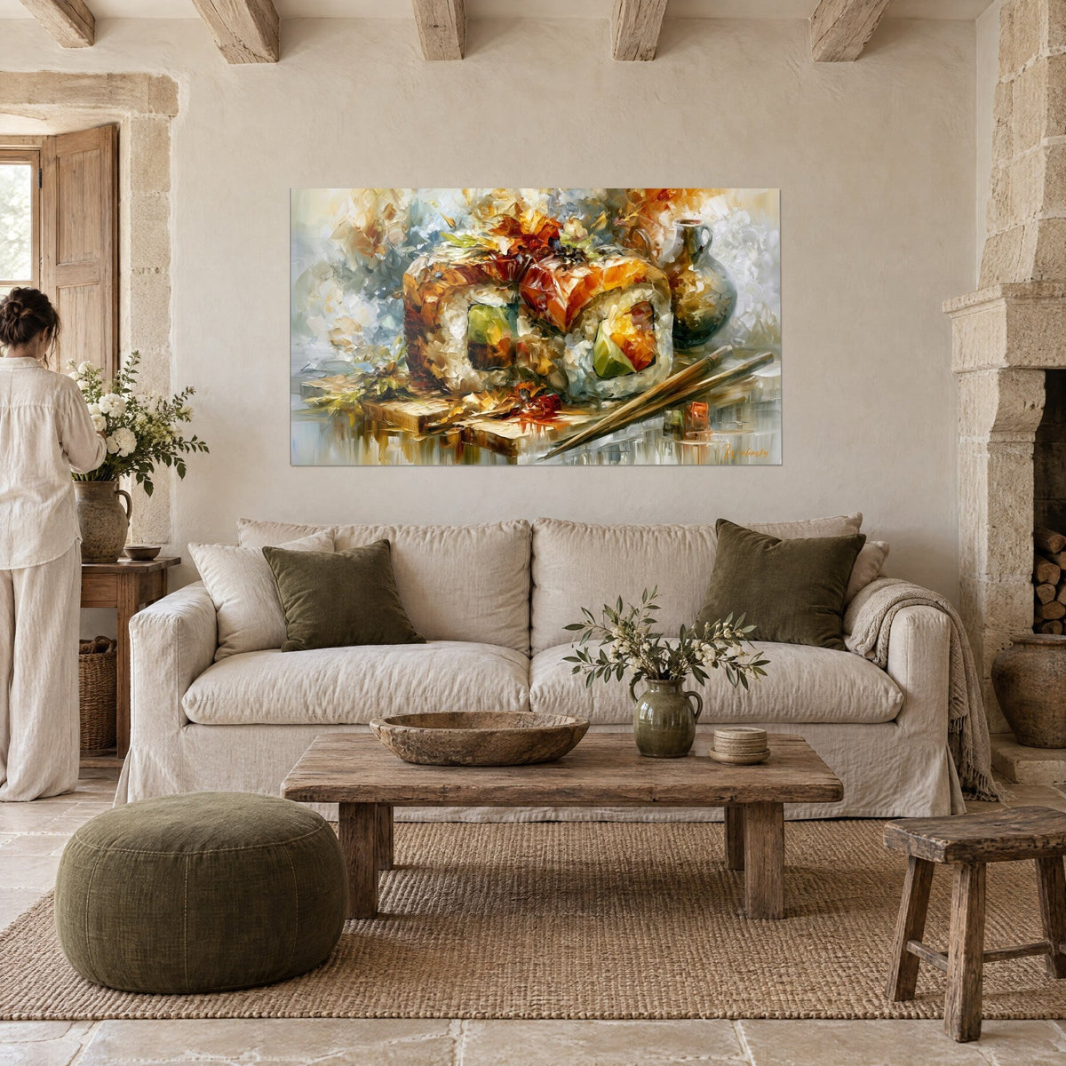 Tableau rouleaux de sushi saumon avocat en coups de couteau orange et vert tendre, baguettes en bambou, au-dessus d'un canapé dans un salon lumineux