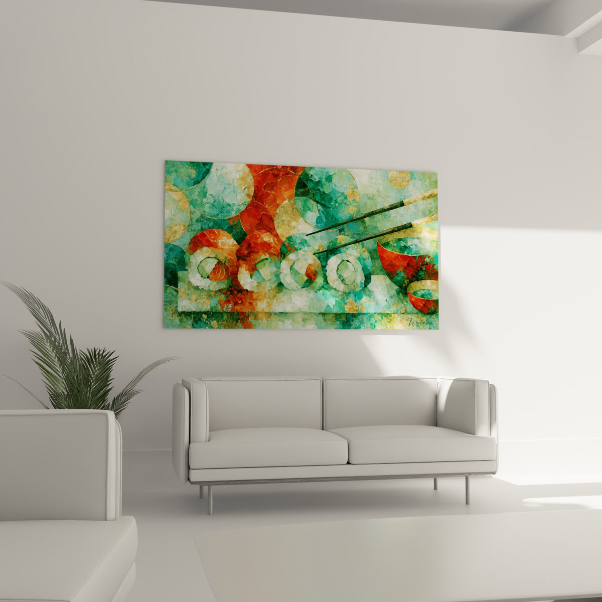 Composition de maki vert d'eau et orange, disposée au-dessus d'un canapé dans un salon lumineux