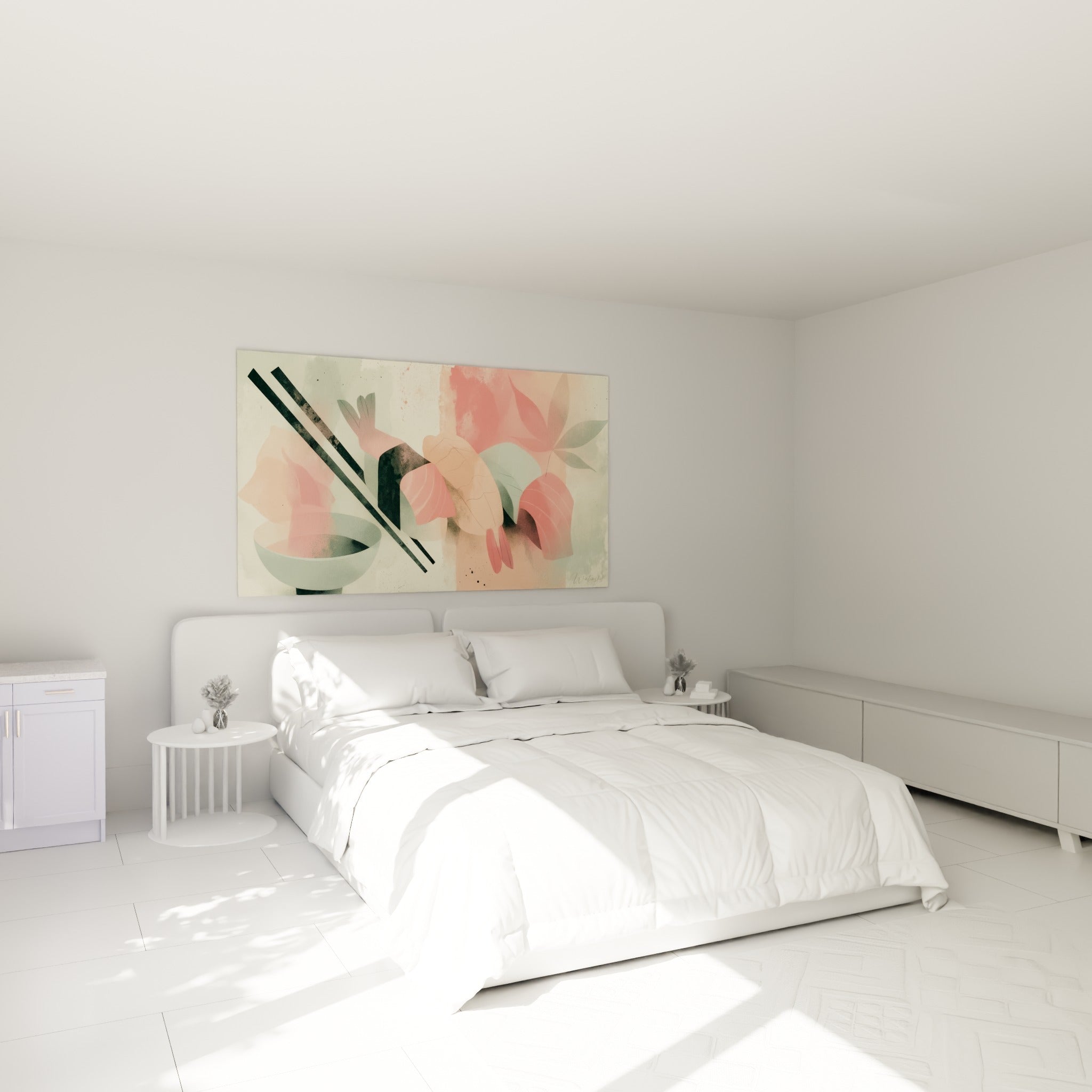 Composition de sushis corail et vert sauge suspendue au-dessus d'un lit dans une chambre claire