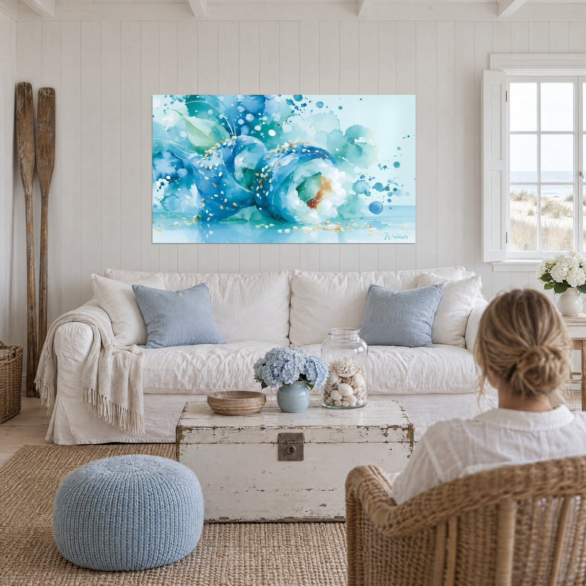 Wall art turquoise maki sushi sprinkled with sesame and sea-green splashes, above a sofa in a bright living room