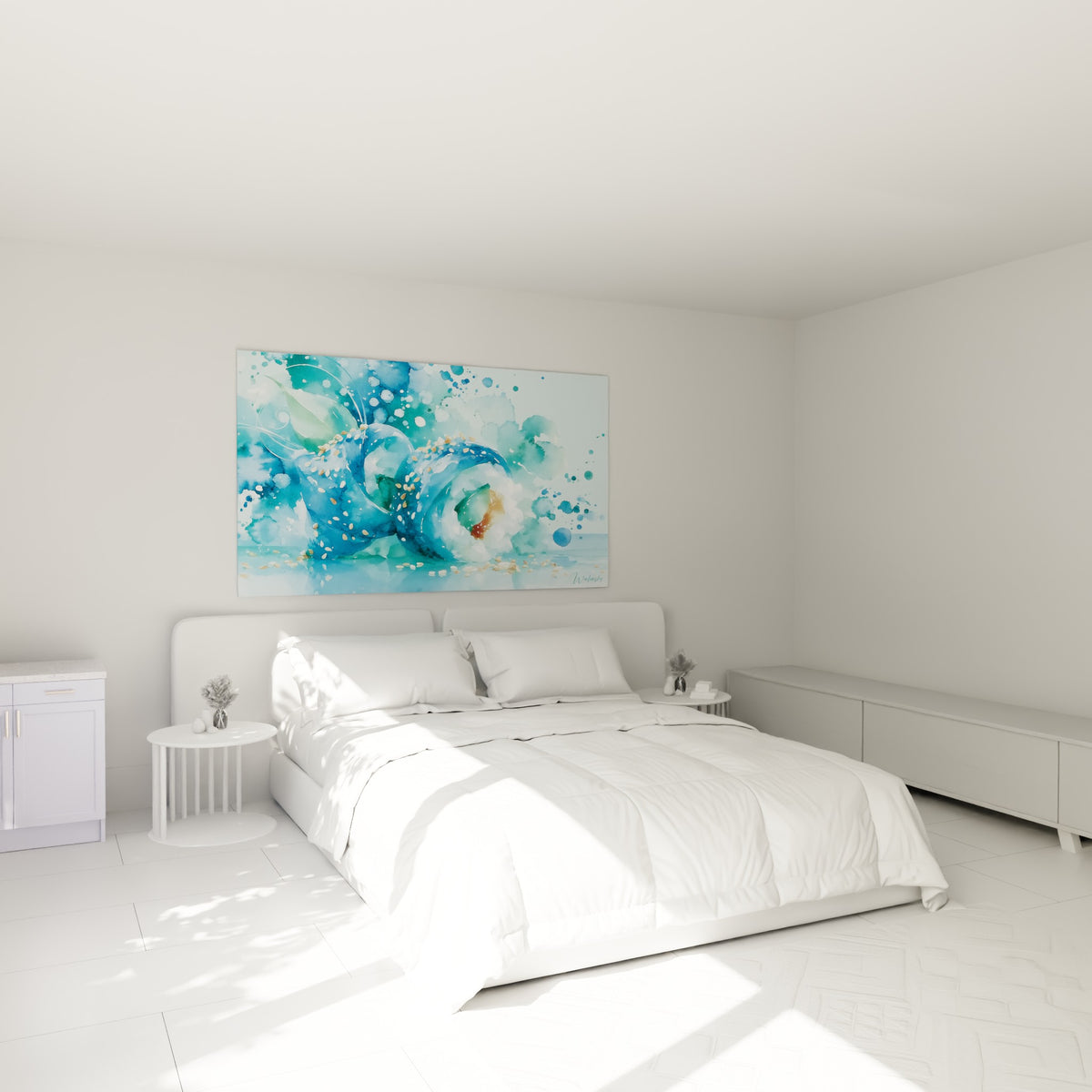 Sushi bleu marine et turquoise, garniture ocre visible, accroché au-dessus d'un lit dans une chambre claire