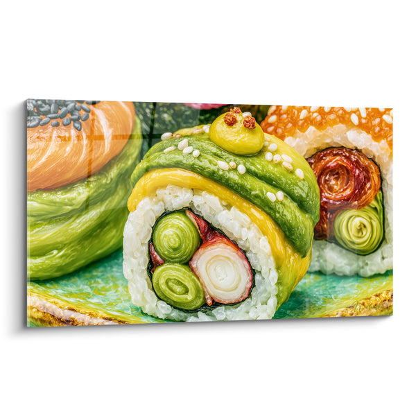 Tableau Sushi roll vert et jaune surmonté de wasabi - Spirales en gros plan - Edition Sushi