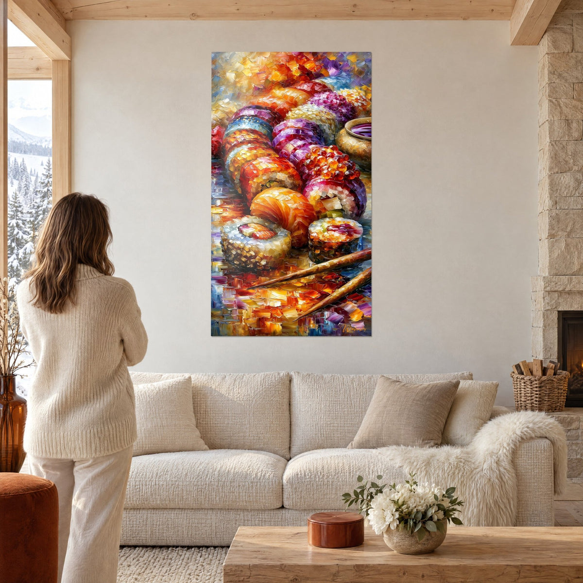Quadro assortimento di sushi in pennellate a spatola viola e arancio, uova di salmone, salsa dorata, sopra un divano in un soggiorno luminoso