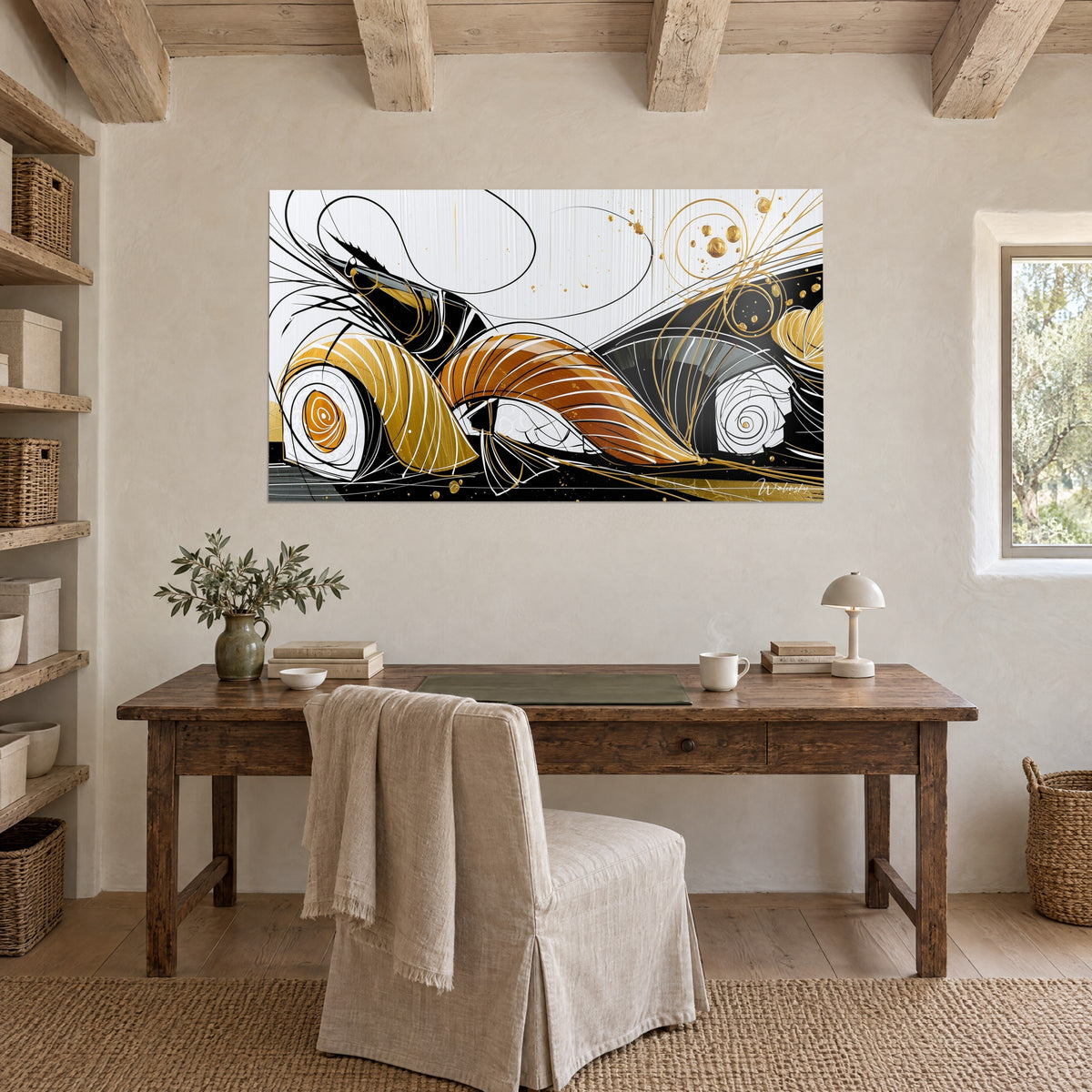 Tableau tourbillon gourmand de sushis stylisés, noir profond, or et blanc crayeux, accroché au-dessus d'un bureau en bois ancien