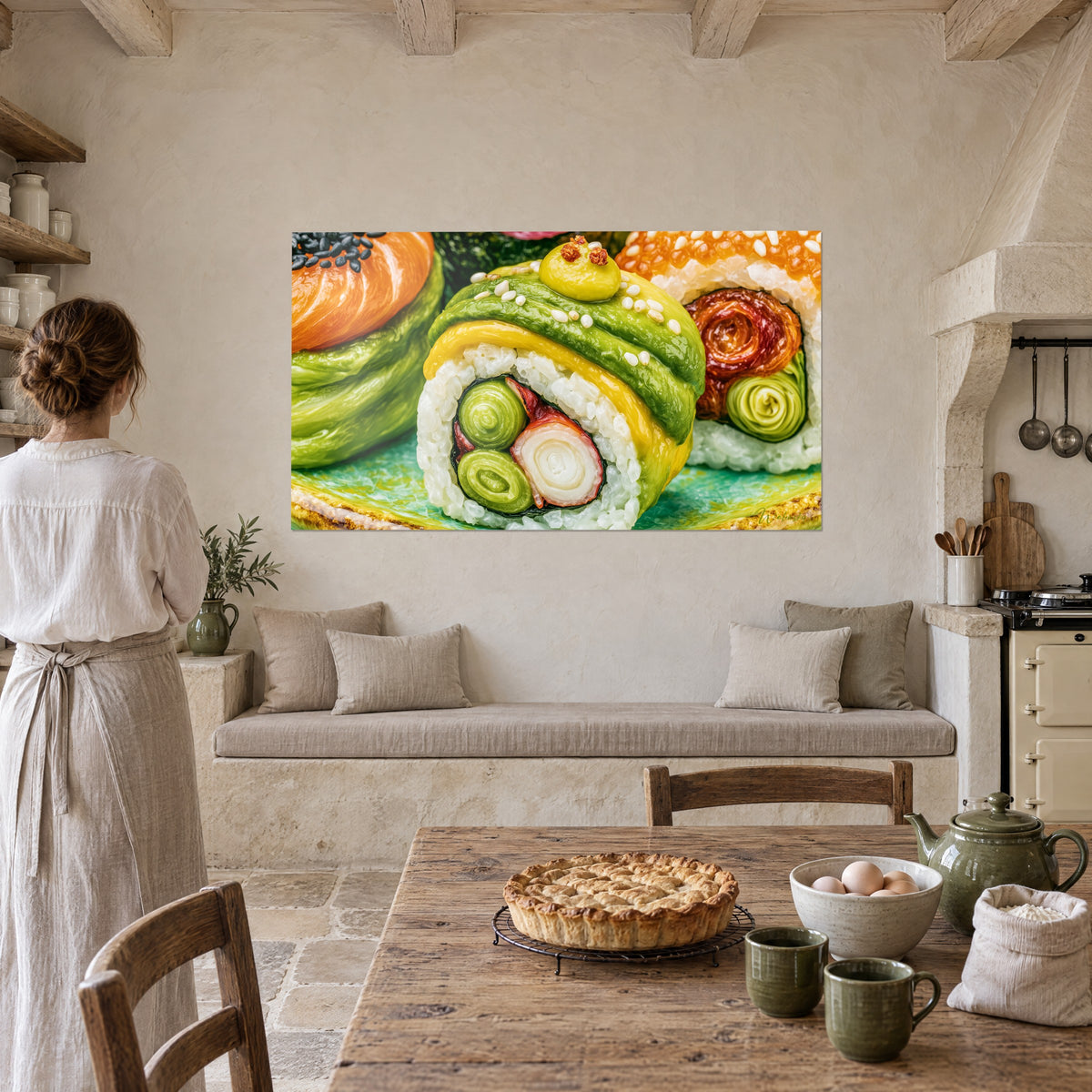 Obraz sushi ze spiralami ogórka w pistacjowej zieleni i różowym krabem, wiszący obok kamiennej kuchni