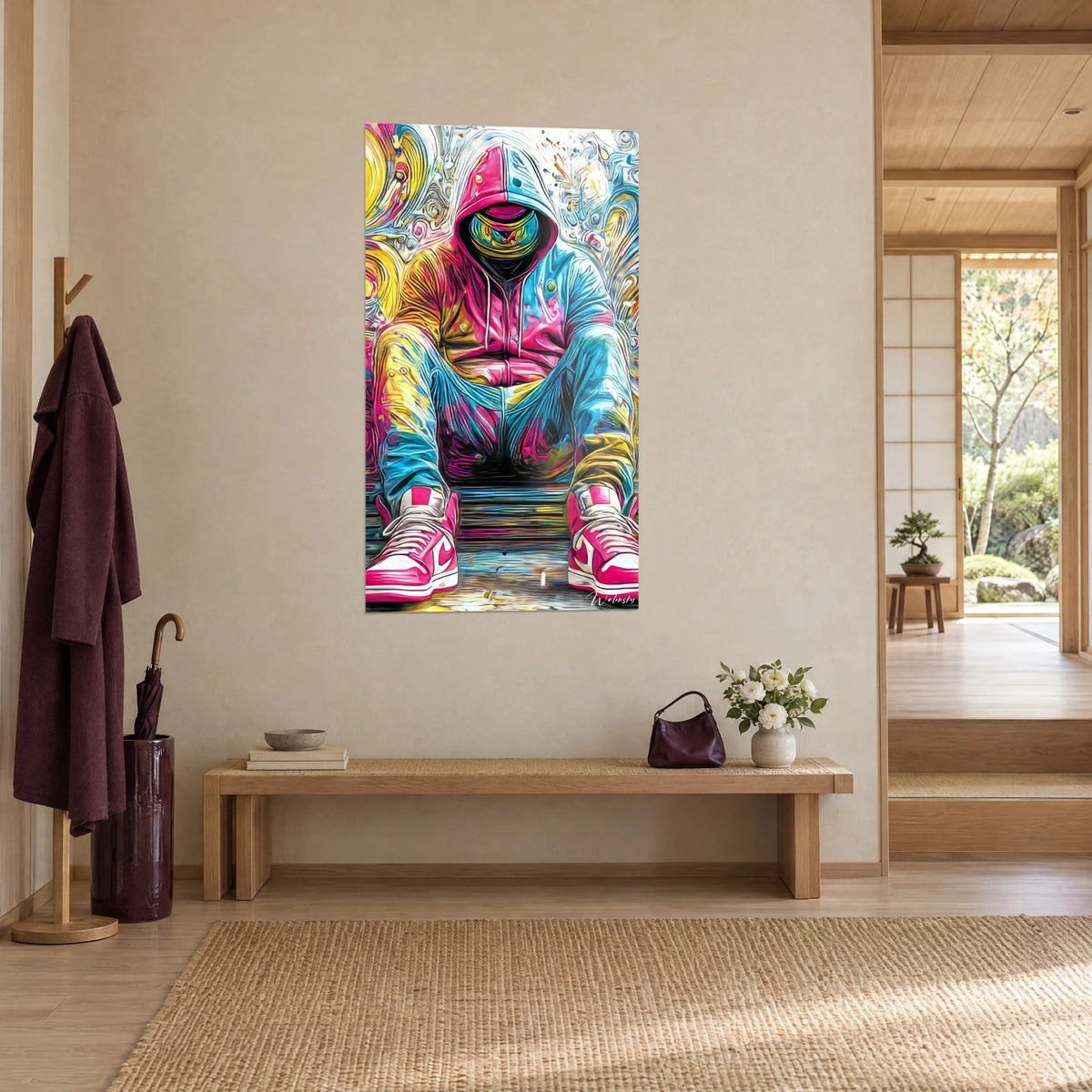 Cuadro de una figura anónima y soñadora sentada con sudadera rosa y azul, rostro espejo iridiscente, fondo de espirales, en la pared de una entrada japandi