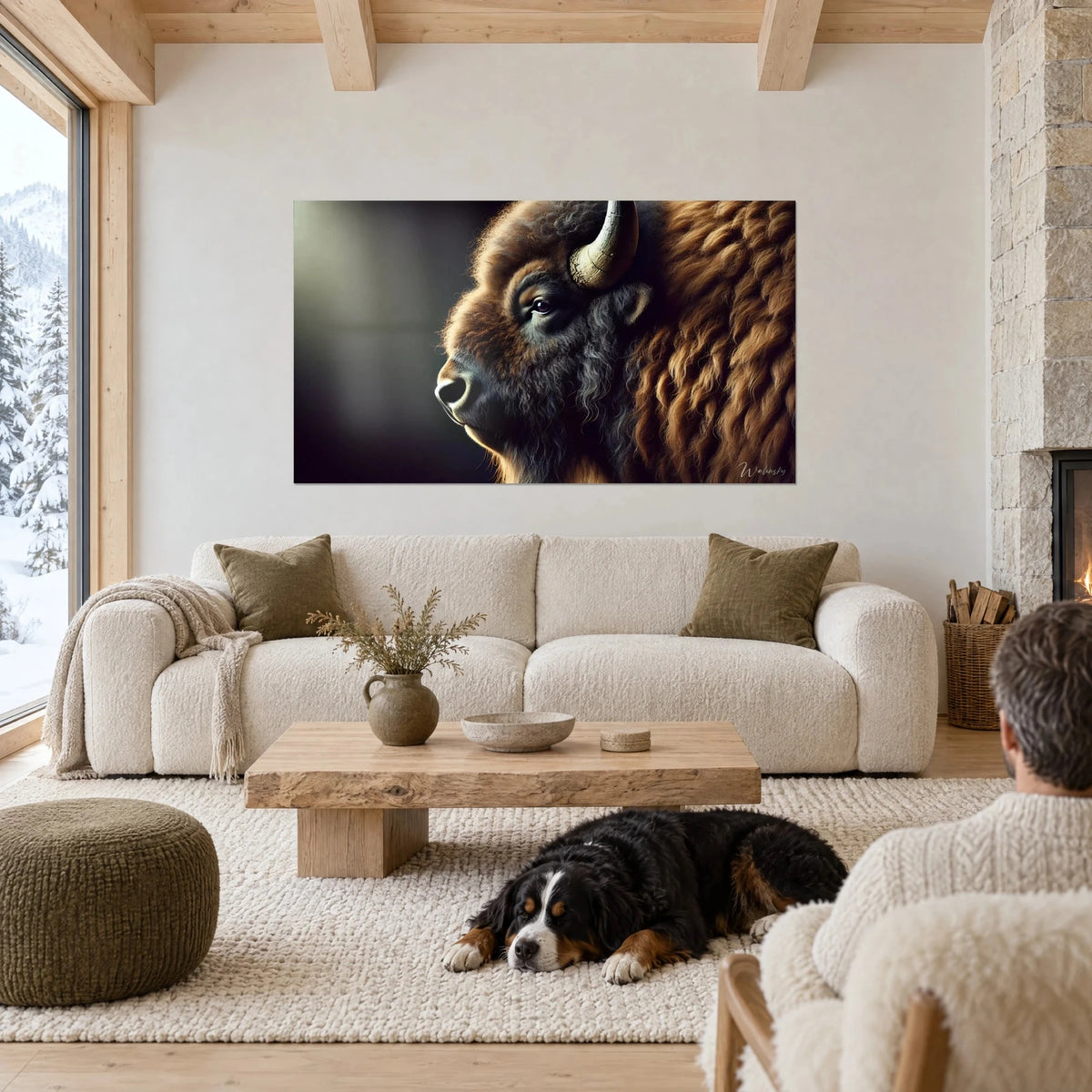 Tableau profil de bison à la toison cuivrée et corne ivoire, un chien dort au sol, au-dessus d'un canapé dans un salon lumineux