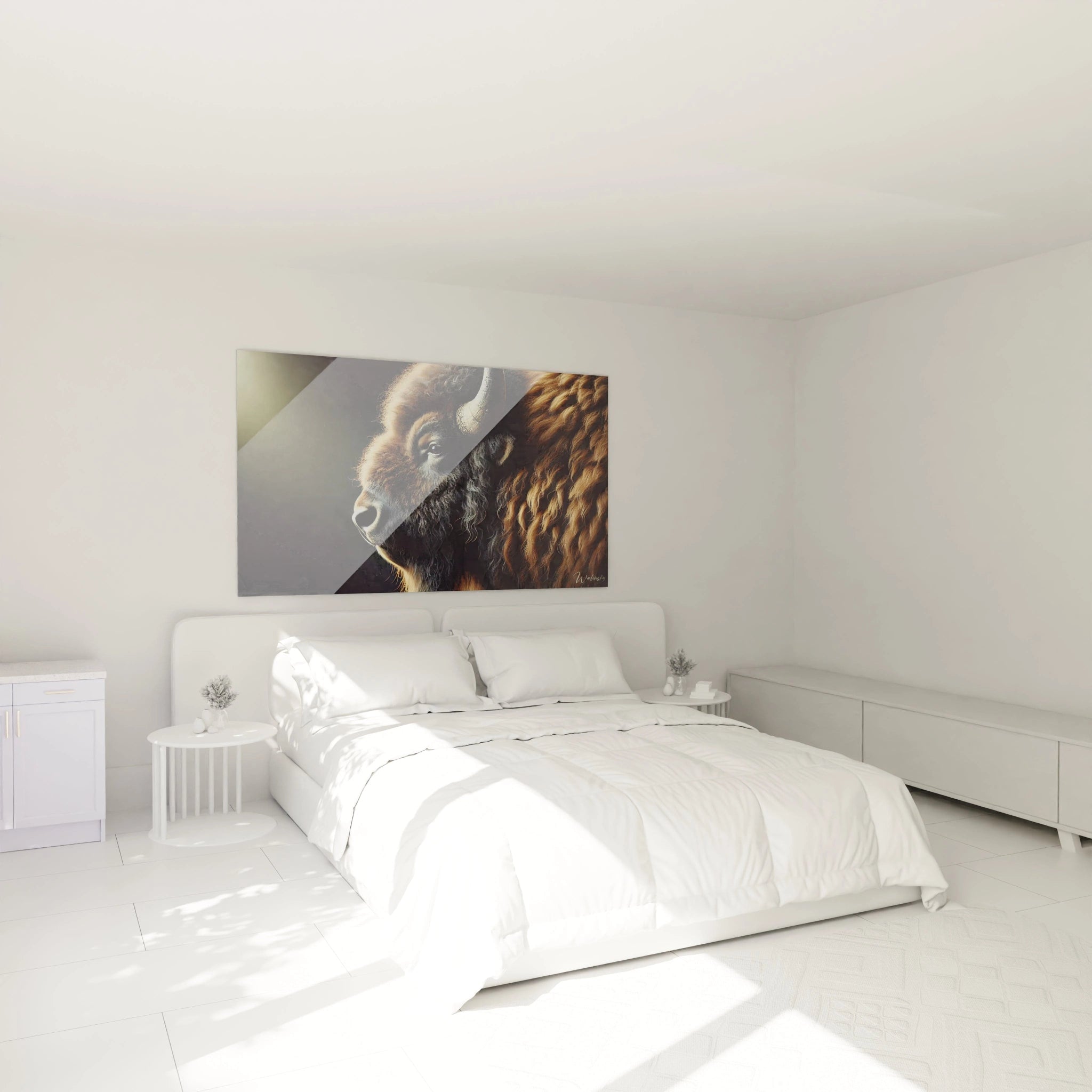 ce tableau bison au dessus du lit dans une chambre cree une atmosphere apaisante et sereine, avec des teintes marron et beiges qui apportent une touche naturelle et intemporelle a votre interieur

