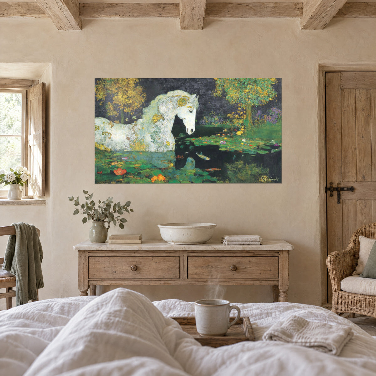 Wall art white horse with golden lichen spots, yellow and mauve trees, above a bed in a bright bedroom