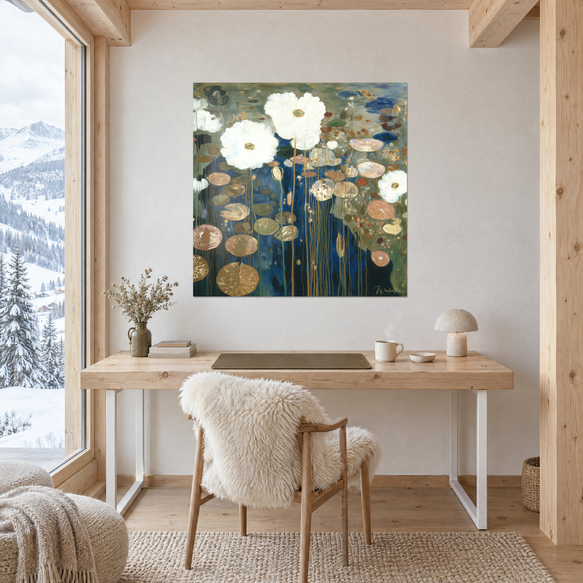 Quadro di peonie d'acqua bianche e ampie foglie ocra su fondo indaco, appeso alla parete di uno studio in legno chiaro