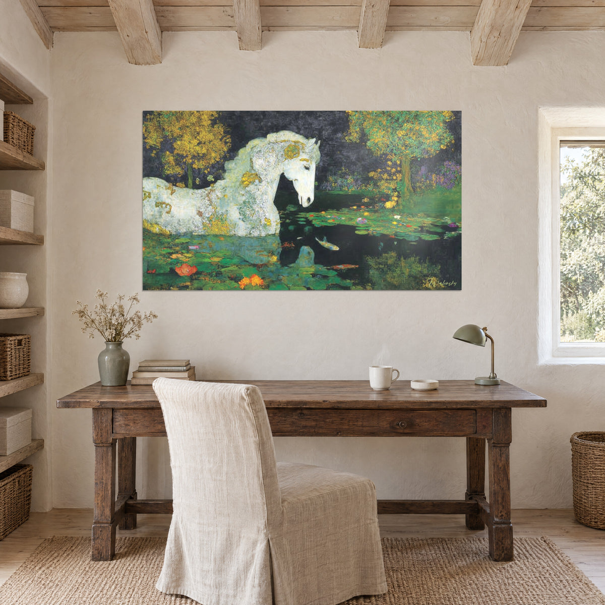 Wall art alabaster horse against a backdrop of mustard yellow and green autumn trees, red water lilies, on the wall of a wooden office