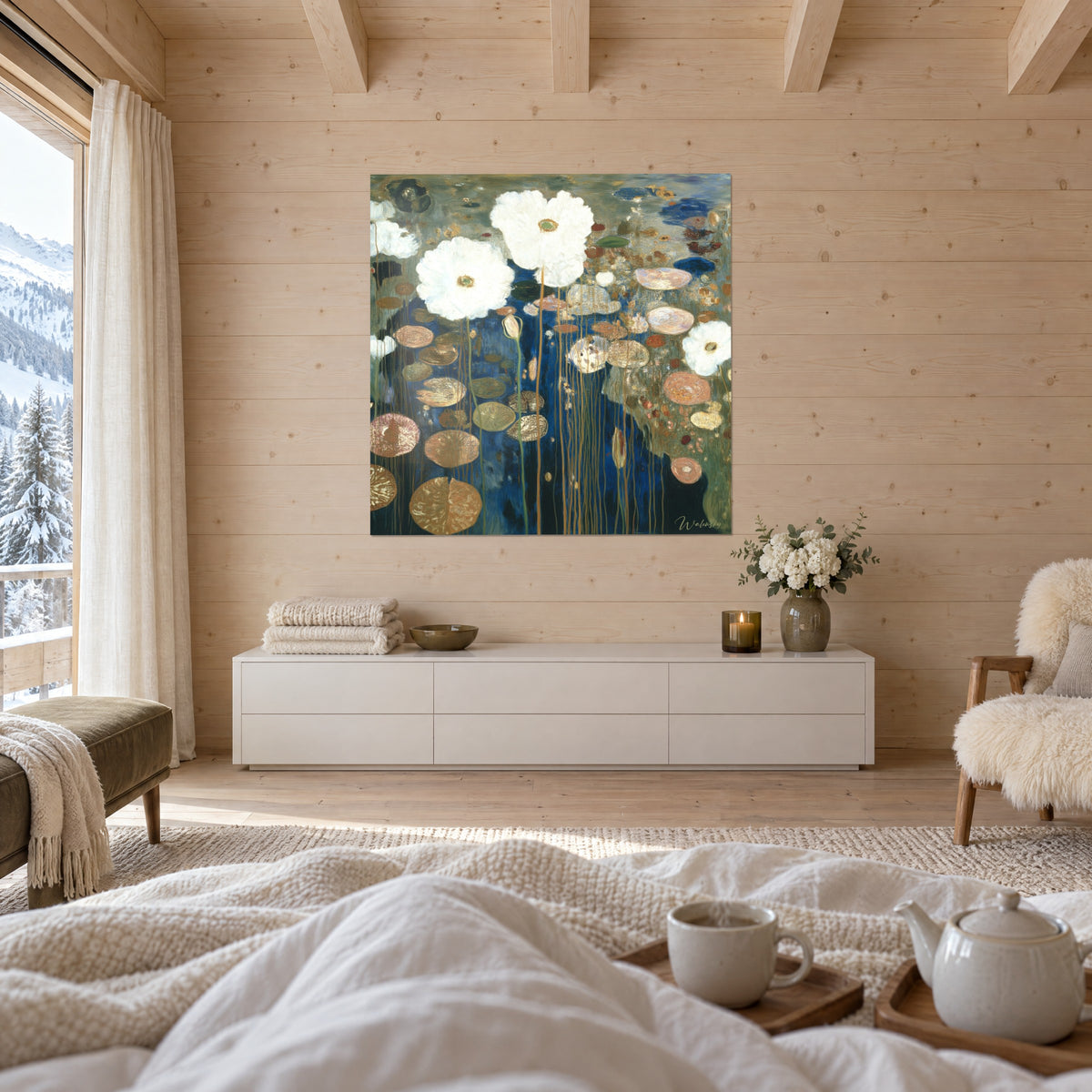 Quadro di fiori di loto bianchi su acqua blu navy e verde oliva, foglie rosate, sopra un letto in una camera luminosa